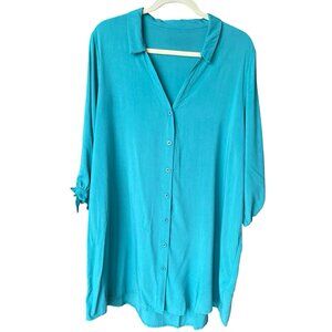 NWT Cupshe Teal Button Up Top with Bow Tie Sleeves - Size Large